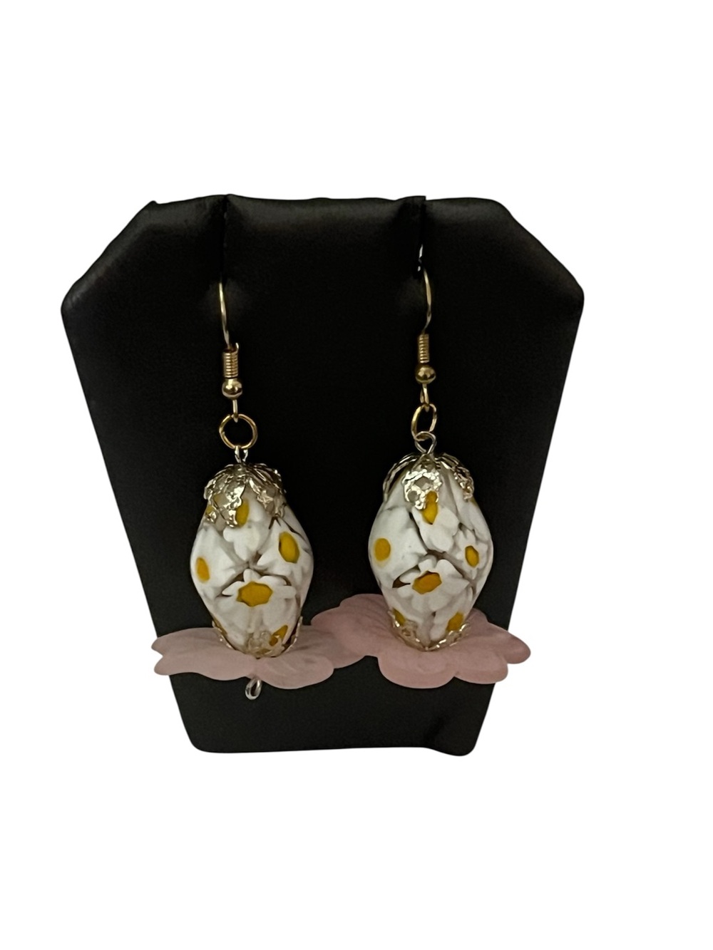 Spring  Art Glass Daisy Earrings White Yellow Millefiori Pink Floral Accents